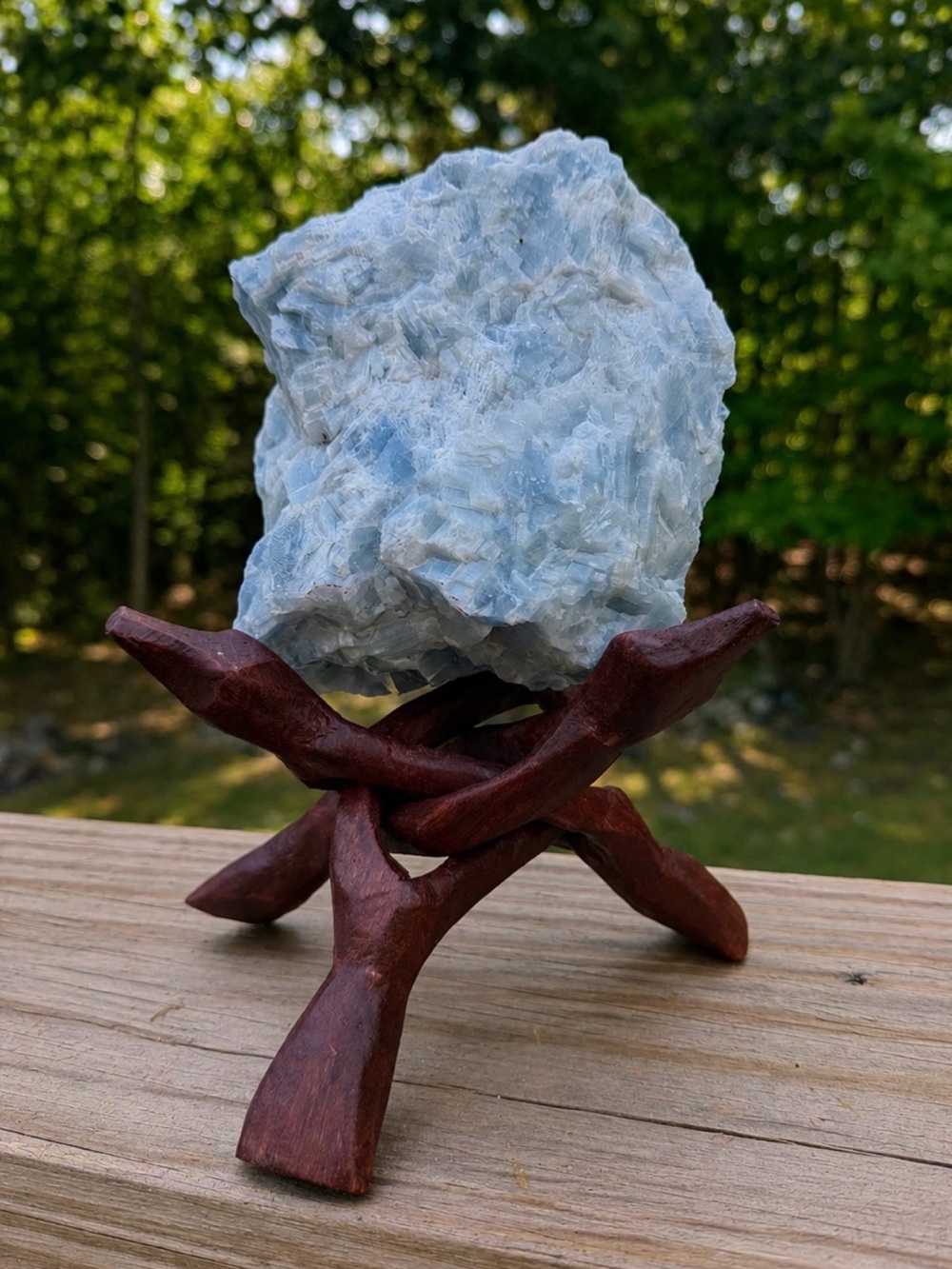 Large Blue Calcite Cluster | Nature’s Truest Art | Wooden Tripod Stand